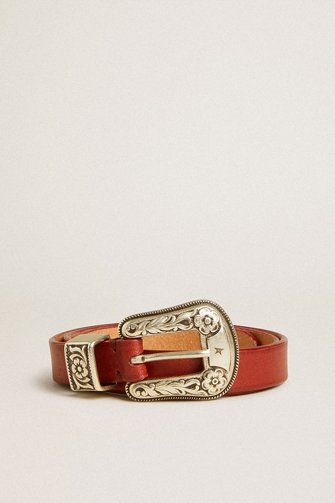Washed Leather Belt in Cherry