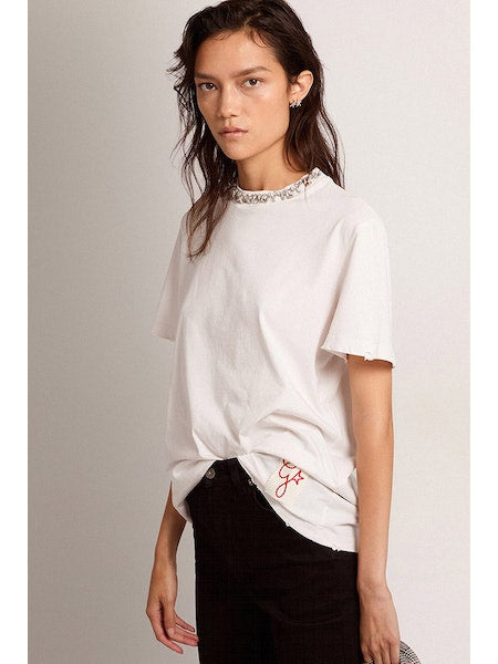 T-shirt in white with cabochon crystals