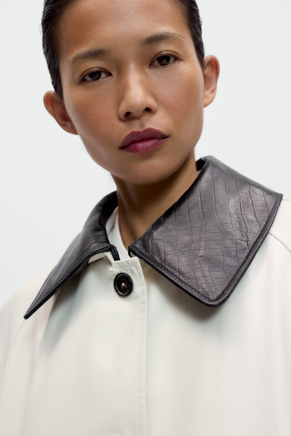 Leather Collar Trench Coat