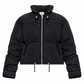 A black cropped puffer jacket with a hood, front zipper, and drawstring details, shown against a plain white background.