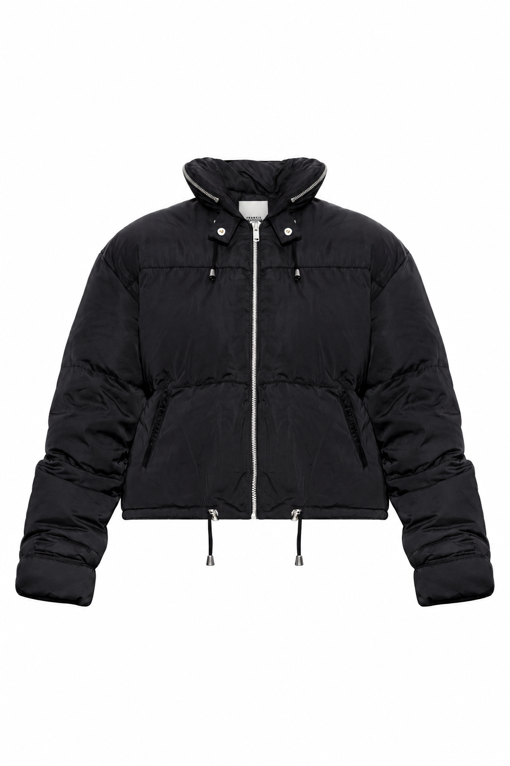 A black cropped puffer jacket with a hood, front zipper, and drawstring details, shown against a plain white background.