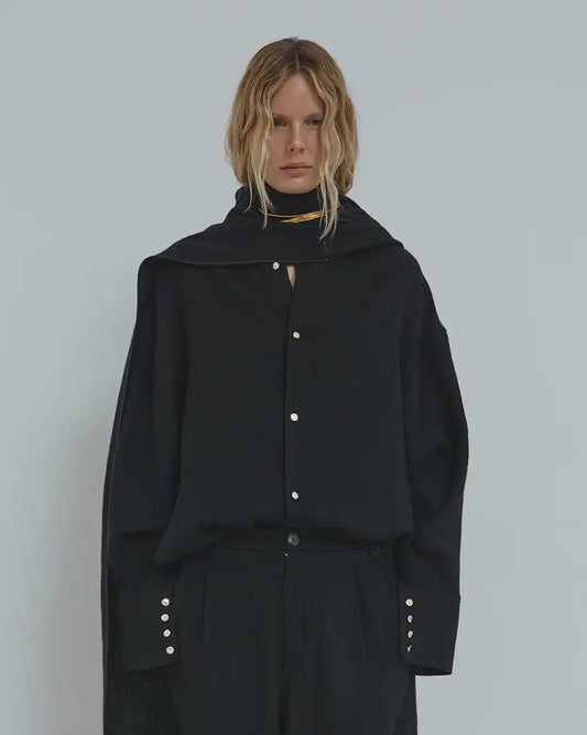 Georgia Detachable Scarf Japanese Wool Shirt in Black