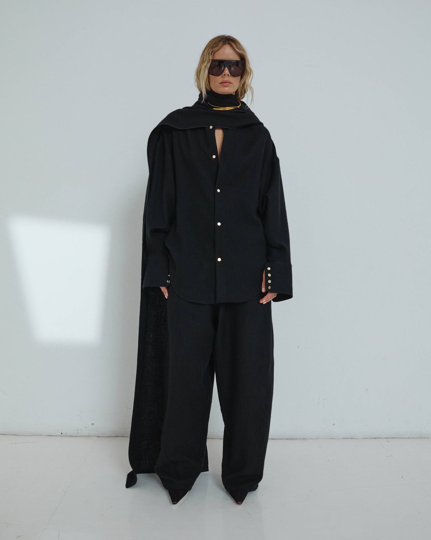 Georgia Detachable Scarf Japanese Wool Shirt in Black