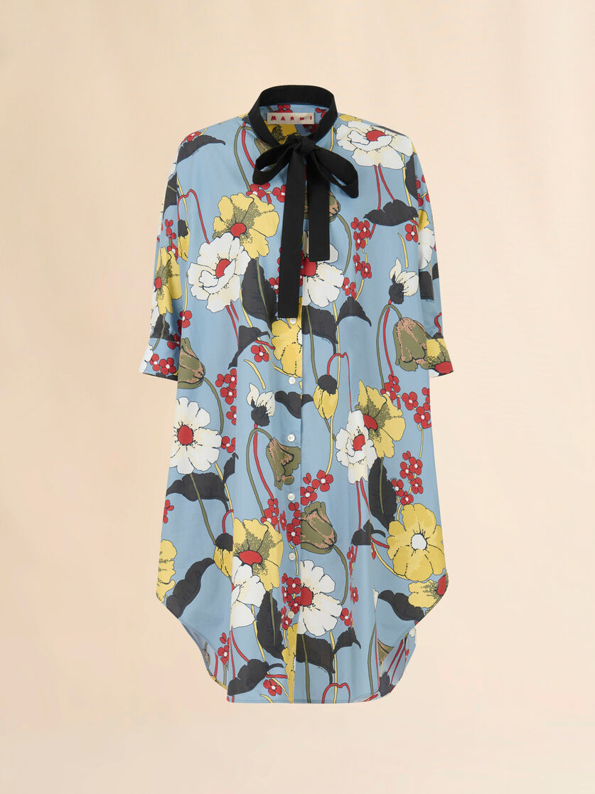 Blue Oversized Poplin Dress with Melodia print