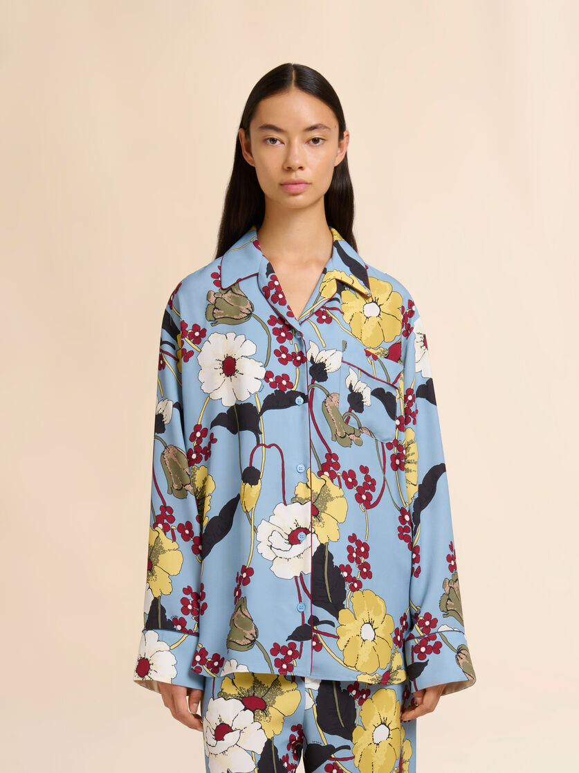 Blue Envers Satin Pyjama Shirt with Melodia print