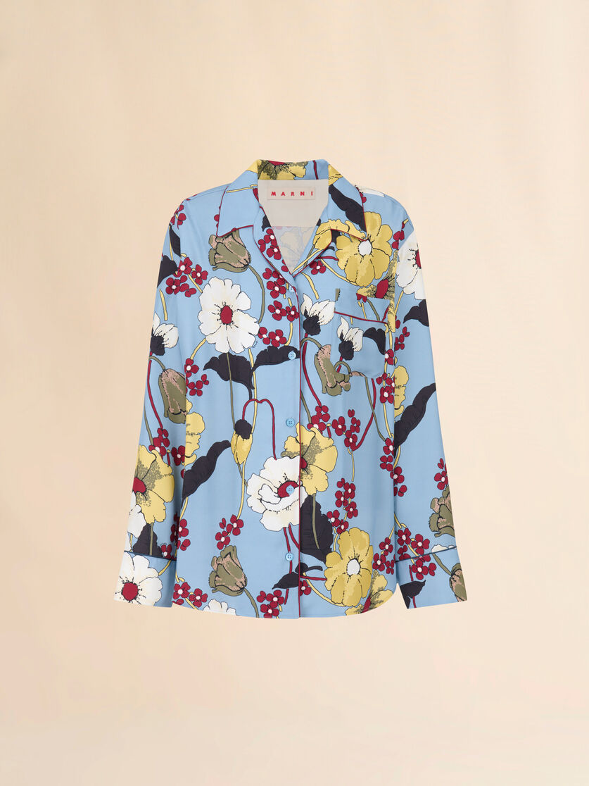 Blue Envers Satin Pyjama Shirt with Melodia print