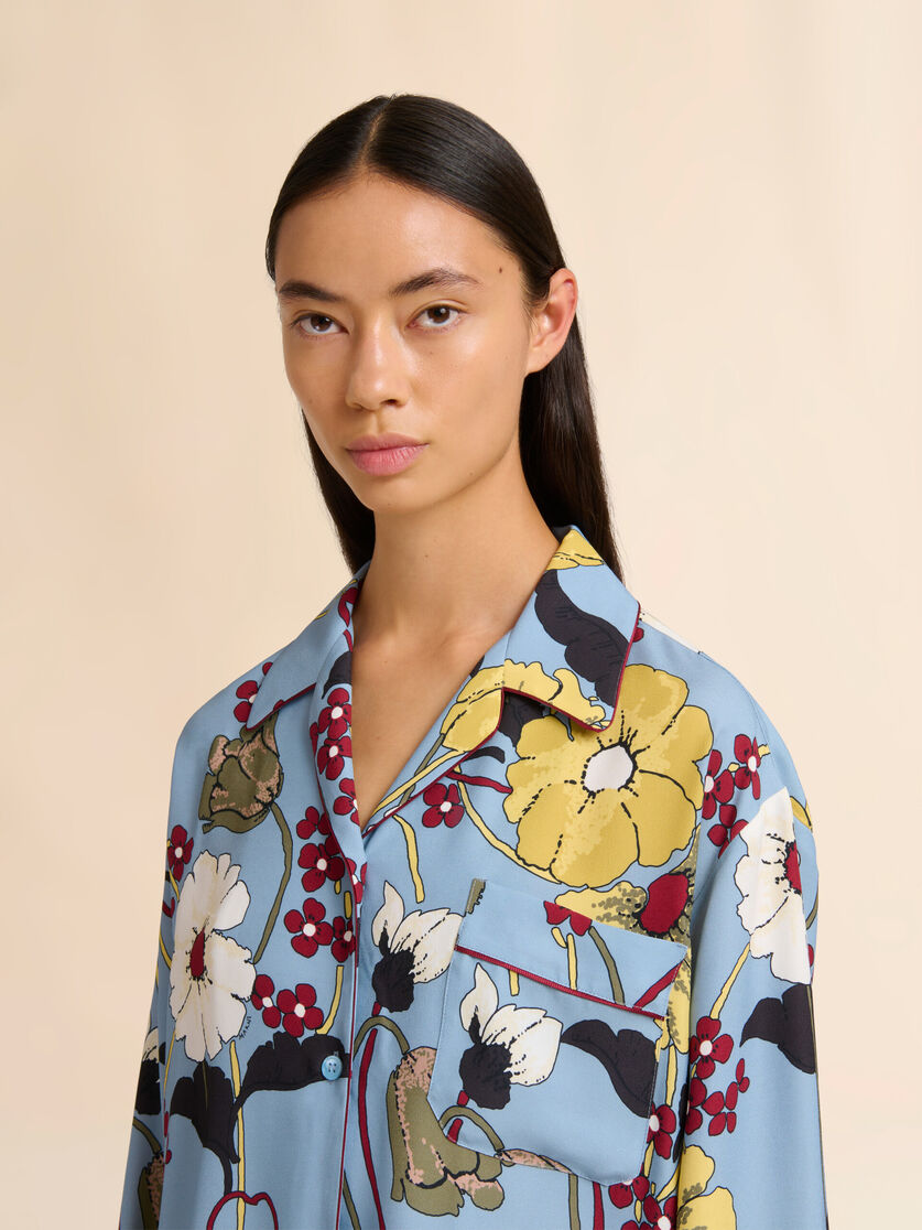 Blue Envers Satin Pyjama Shirt with Melodia print