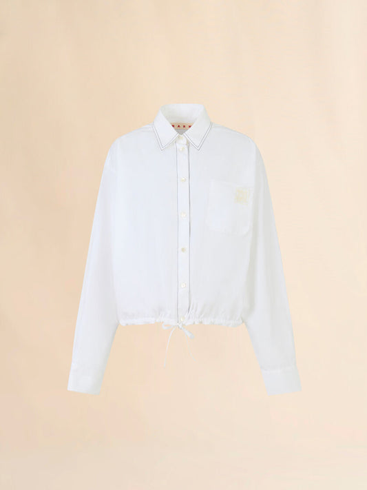 White Poplin Shirt with Cropped Drawstring Hem