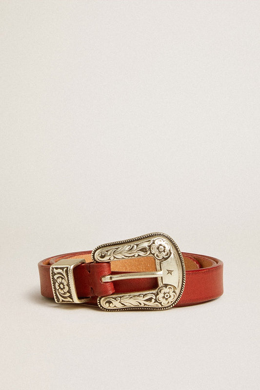 Washed Leather Belt in Cherry