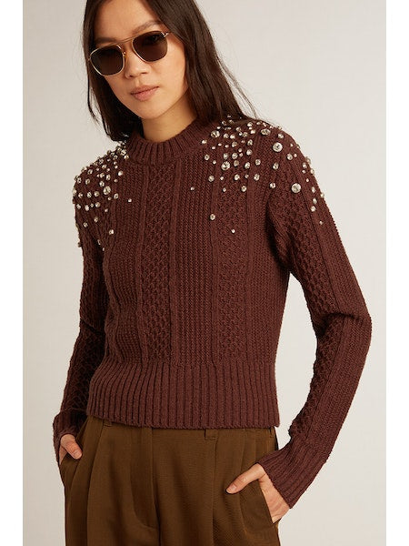 Cropped Crewneck Sweater With Crystals