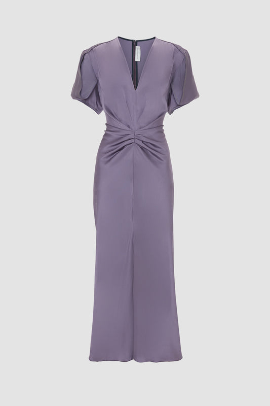 Gathered V Neck Midi Dress