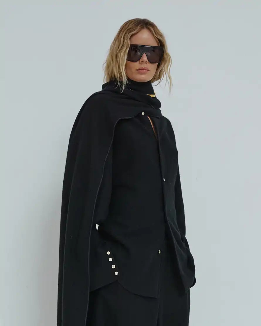 Georgia Detachable Scarf Japanese Wool Shirt in Black