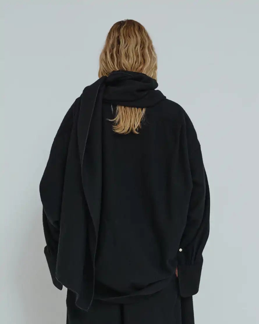 Georgia Detachable Scarf Japanese Wool Shirt in Black